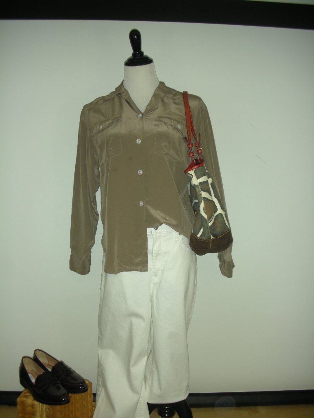 Vintage Ralph Lauren 100% Silk Safari Shirt Size 2 Taupe Utility Button Down Y2K